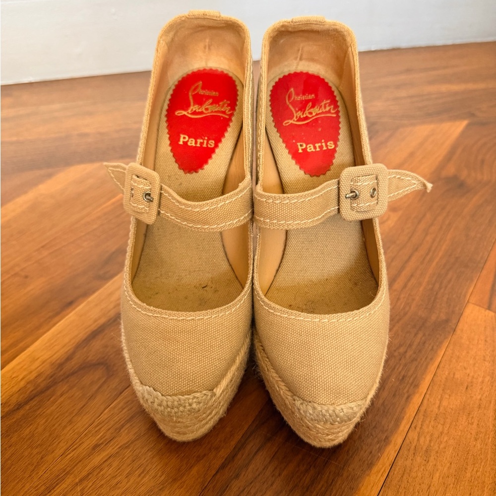 Christian Louboutin Beige Canvas Mary Jane Espadrille Wedges Size 36